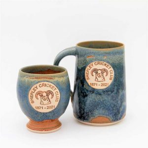 Shepley CC 150 year centerary tankard and goblet made by Nigel Hoyle Ceramics